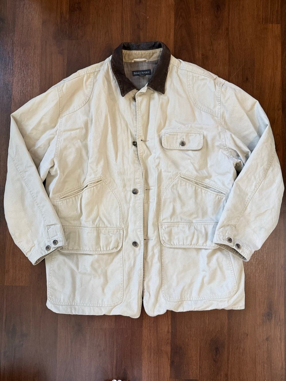 Vintage Banana Republic Chore Barn Jacket Beige XL Flannel Lined Leather Collar